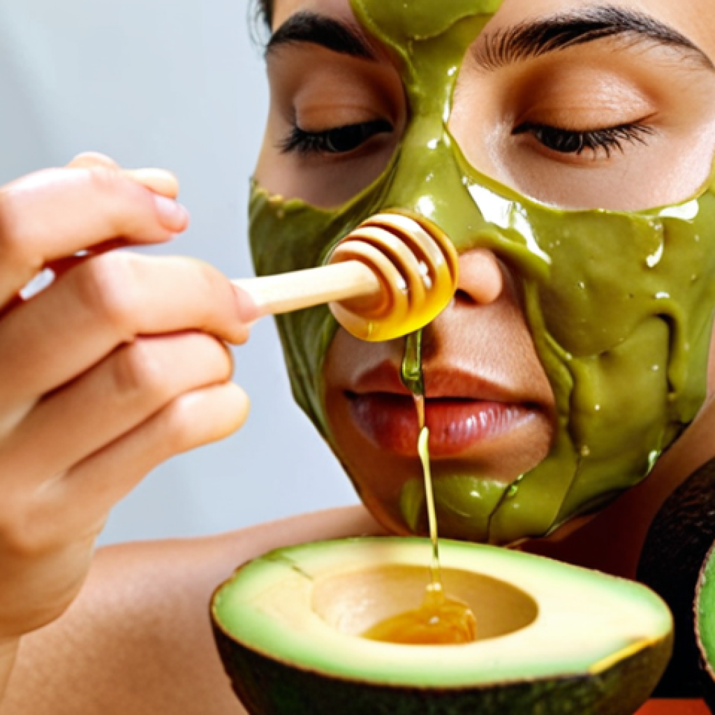 **Close-up of a woman applying a homemade avocado and honey face mask. The ingredients, a ripe avocado and a jar of honey, are visible in the background. The overall tone is bright and healthy.**