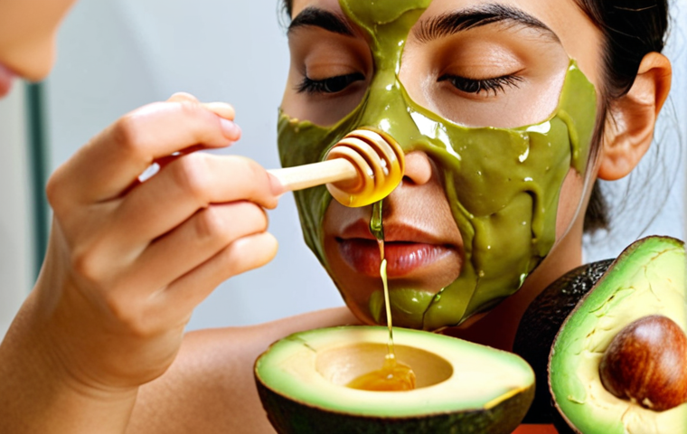**Close-up of a woman applying a homemade avocado and honey face mask. The ingredients, a ripe avocado and a jar of honey, are visible in the background. The overall tone is bright and healthy.**